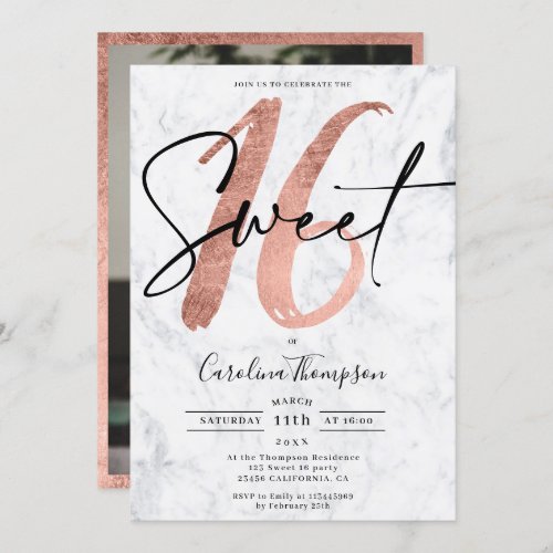 Girly rose gold marble script photo Sweet 16 Invitation
