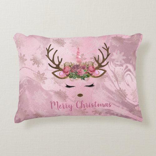 Girly rose gold marble unicorn reindeer snowflakes accent pillow