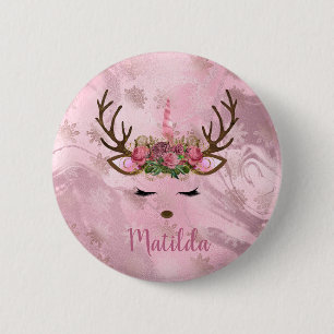 Girly rose gold marble unicorn reindeer snowflakes button
