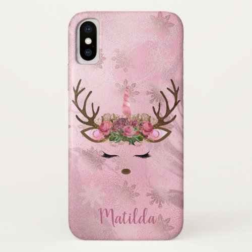 Girly rose gold marble unicorn reindeer snowflakes iPhone XS case
