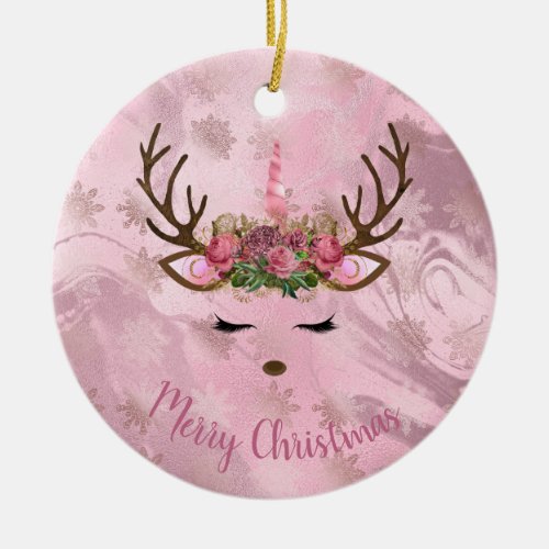 Girly rose gold marble unicorn reindeer snowflakes ceramic ornament