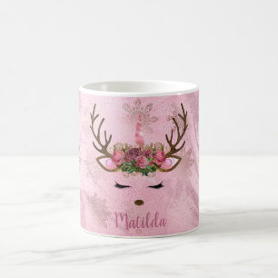 Girly rose gold marble unicorn reindeer snowflakes coffee mug