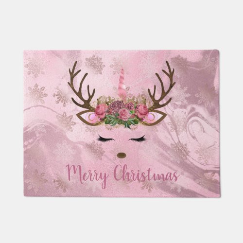 Girly rose gold marble unicorn reindeer snowflakes doormat
