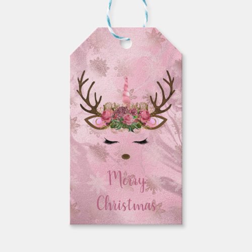 Girly rose gold marble unicorn reindeer snowflakes gift tags