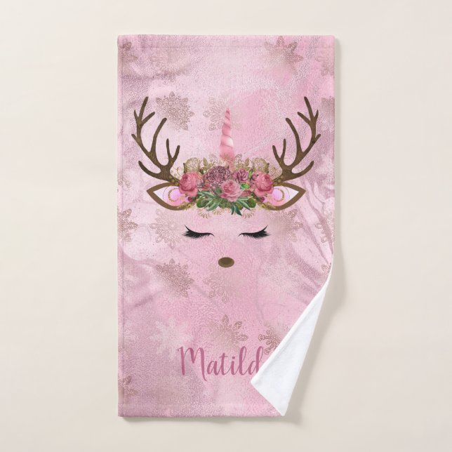 Girly rose gold marble unicorn reindeer snowflakes hand towel  (Hand Towel)