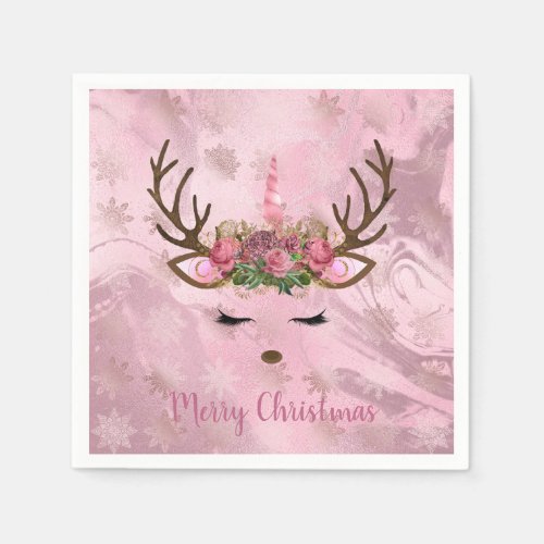Girly rose gold marble unicorn reindeer snowflakes napkins