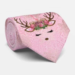 Girly rose gold marble unicorn reindeer snowflakes neck tie