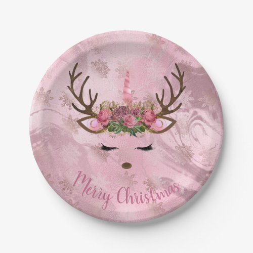 Girly rose gold marble unicorn reindeer snowflakes paper plates