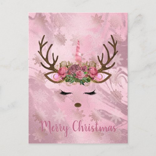 Girly rose gold marble unicorn reindeer snowflakes postcard