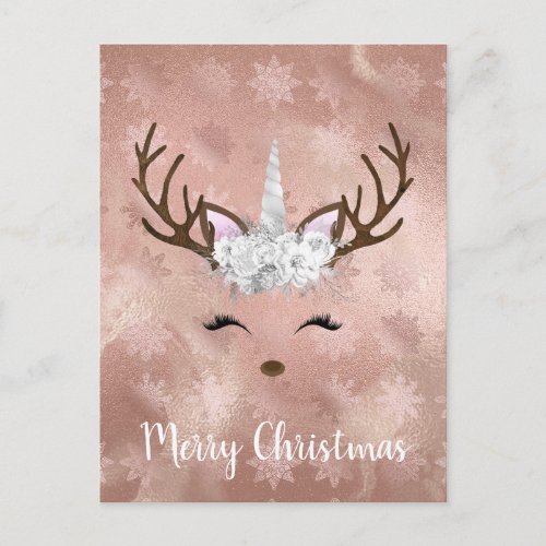 Girly rose gold marble unicorn reindeer snowflakes postcard