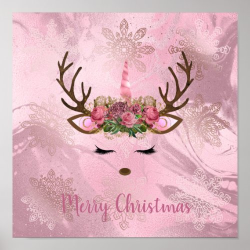 Girly rose gold marble unicorn reindeer snowflakes poster