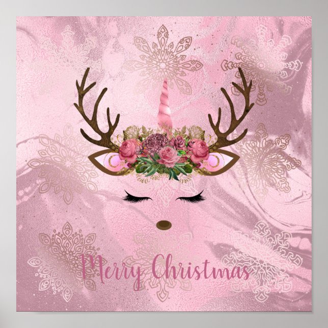 Girly rose gold marble unicorn reindeer snowflakes poster (Front)
