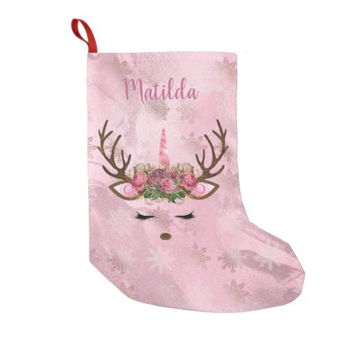 Girly rose gold marble unicorn reindeer snowflakes small christmas stocking