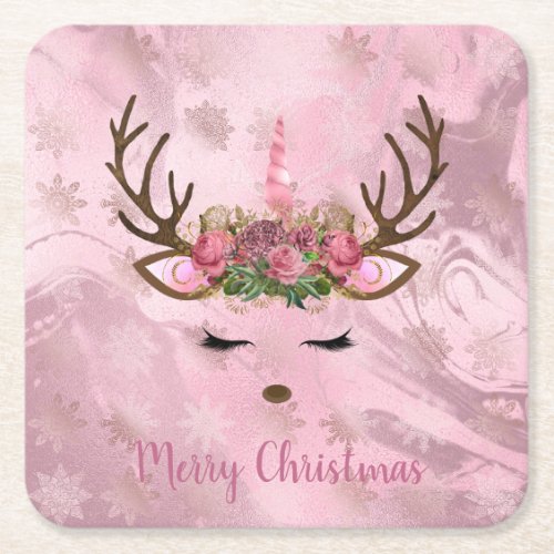 Girly rose gold marble unicorn reindeer snowflakes square paper coaster