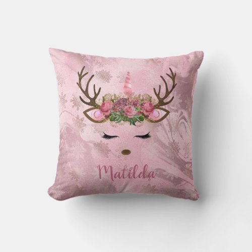 Girly rose gold marble unicorn reindeer snowflakes throw pillow