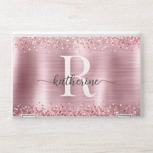 Girly Rose Gold Metal Glitter Confetti Monogram  HP Laptop Skin (Front)