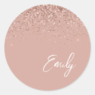 Girly Rose Gold Monogram Glam Name Classic Round Sticker