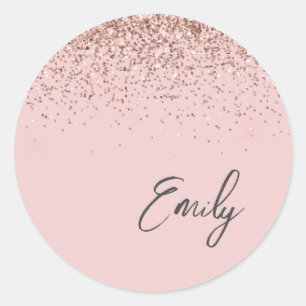 Girly Rose Gold Monogram Glam Name Classic Round Sticker