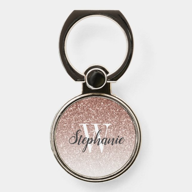 Girly Rose Gold Ombre Faux Glitter Monogram Phone Ring Stand (Front)