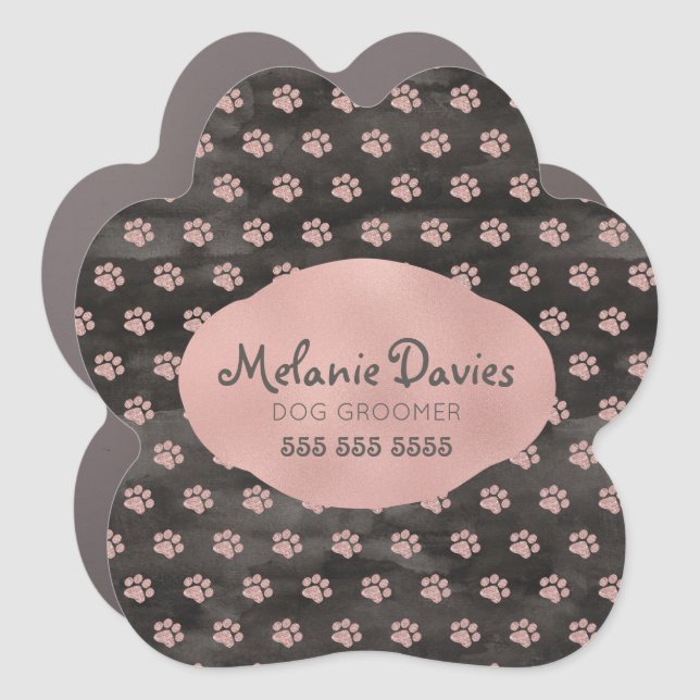 Girly Rose Gold Pawprints Dog Grooming Car Magnet (Front)