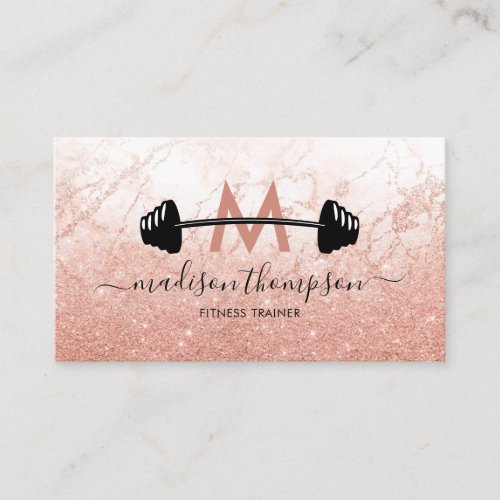 Girly Rose Gold Personal Trainer Business Card - Modern fitness business cards featuring a girly rose gold marble & glitter background, a barbell weight silhouette, a feminine signature script, and a professional text template that is easy to personalize. This would be perfect for a personal trainer who works in a gym, or for a self-employed health coach.