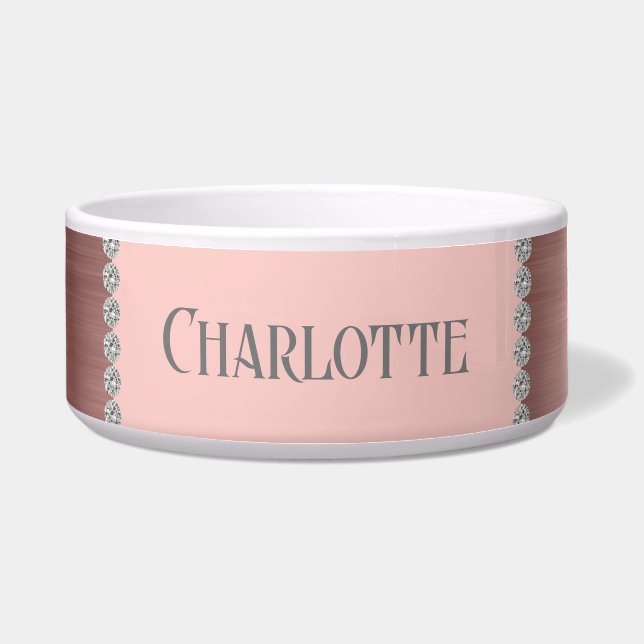 Girly Rose Gold Personalized Dog Cat Pet Bowl (Front)