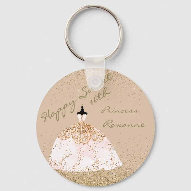 Girly Rose Gold Personalized Sweet 16th Birthday Keychain (Front)