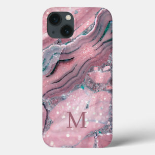 Girly Rose Gold Pink Agate Quartz Glitter Monogram iPhone 13 Case