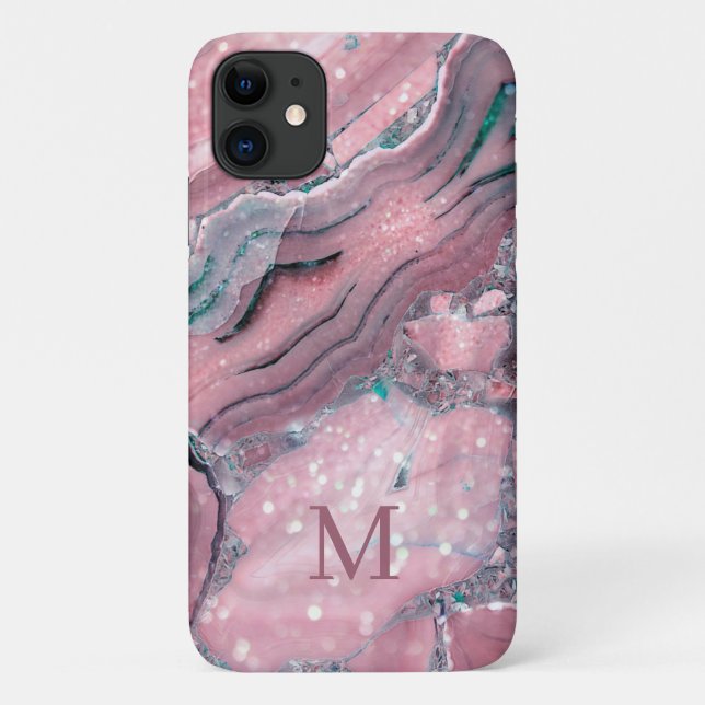 Girly Rose Gold Pink Agate Quartz Sparkle Monogram Case-Mate iPhone Case (Back)
