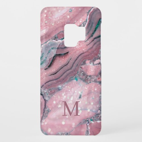 Girly Rose Gold Pink Agate Quartz Sparkle Monogram Case_Mate Samsung Galaxy S9 Case