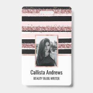 Girly Rose Gold Pink Black Glitter Stripes Pattern Badge