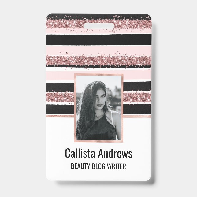 Girly Rose Gold Pink Black Glitter Stripes Pattern Badge (Front)