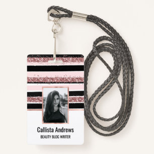 Girly Rose Gold Pink Black Glitter Stripes Pattern Badge