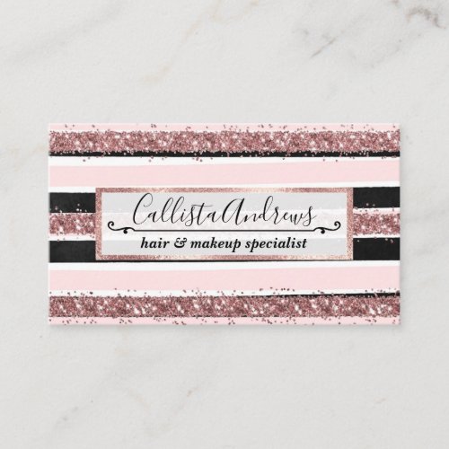 Girly Rose Gold Pink Black Glitter Stripes Pattern Business Card