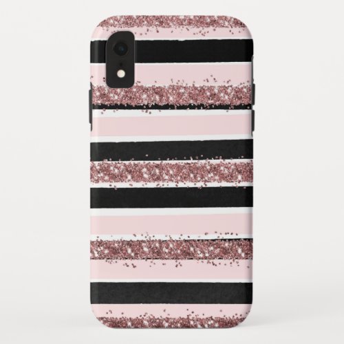 Girly Rose Gold Pink Black Glitter Stripes Pattern iPhone XR Case