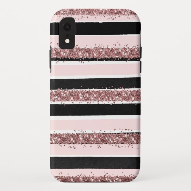 Girly Rose Gold Pink Black Glitter Stripes Pattern Case-Mate iPhone Case (Back)