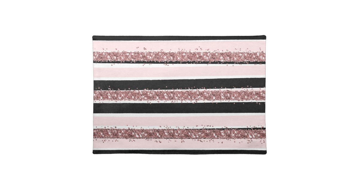 Girly Rose Gold Pink Black Glitter Stripes Pattern Cloth Placemat Zazzle