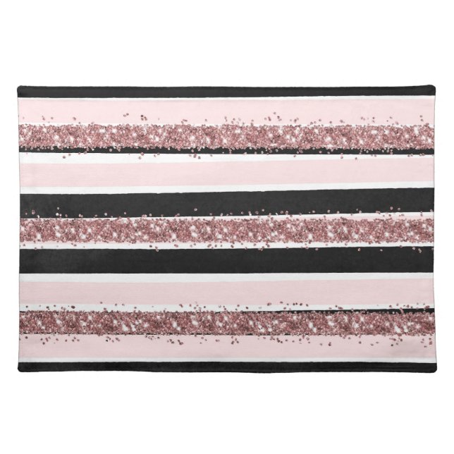 Girly Rose Gold Pink Black Glitter Stripes Pattern Cloth Placemat (Front)
