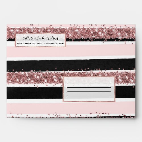 Girly Rose Gold Pink Black Glitter Stripes Pattern Envelope