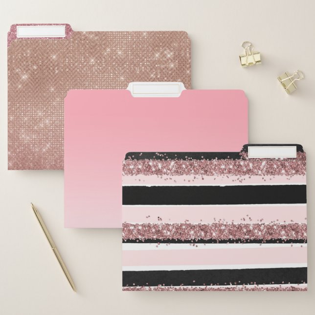 Girly Rose Gold Pink Black Glitter Stripes Pattern File Folder (Set)