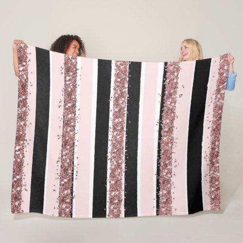 Girly Rose Gold Pink Black Glitter Stripes Pattern Fleece Blanket