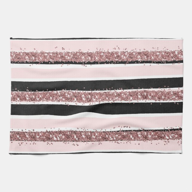 Girly Rose Gold Pink Black Glitter Stripes Pattern Kitchen Towel (Horizontal)