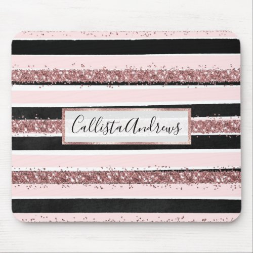 Girly Rose Gold Pink Black Glitter Stripes Pattern Mouse Pad