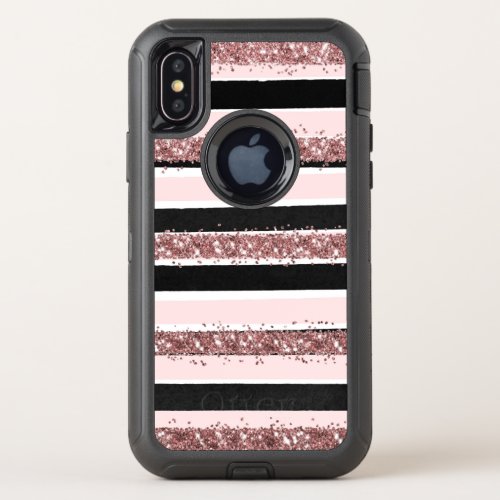 Girly Rose Gold Pink Black Glitter Stripes Pattern OtterBox Defender iPhone X Case