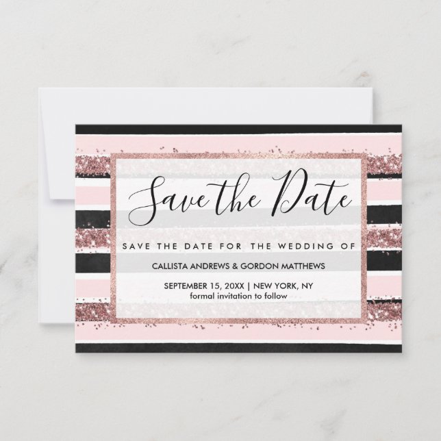 Girly Rose Gold Pink Black Glitter Stripes Pattern Save The Date (Front)