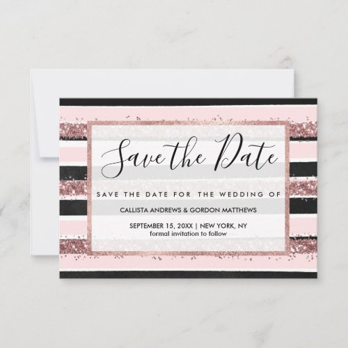 Girly Rose Gold Pink Black Glitter Stripes Pattern Save The Date