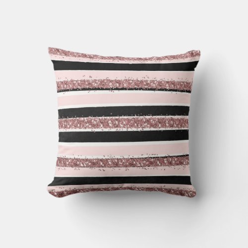 Girly Rose Gold Pink Black Glitter Stripes Pattern Throw Pillow