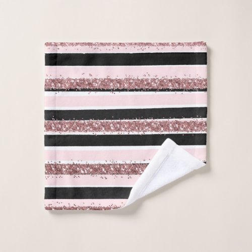 Girly Rose Gold Pink Black Glitter Stripes Pattern Wash Cloth