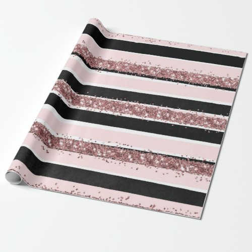 Girly Rose Gold Pink Black Glitter Stripes Pattern Wrapping Paper