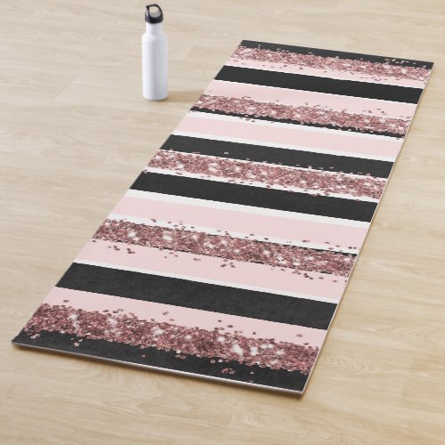 Girly Rose Gold Pink Black Glitter Stripes Pattern Yoga Mat